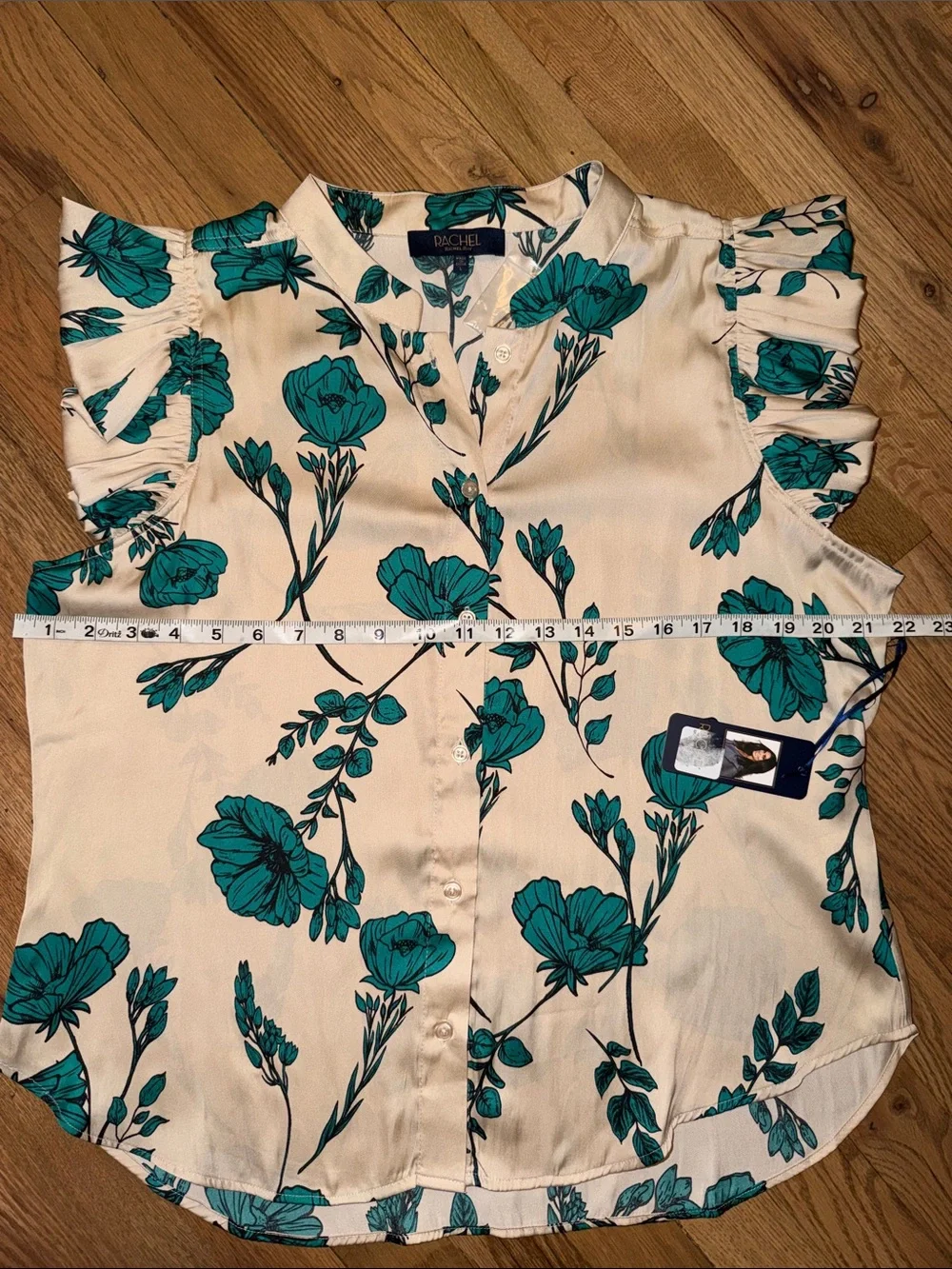 RACHEL Rachel Roy Teal Floral Ruffle Sleeve Blouse on Cream Base Size L NWT - Picture 4 of 6